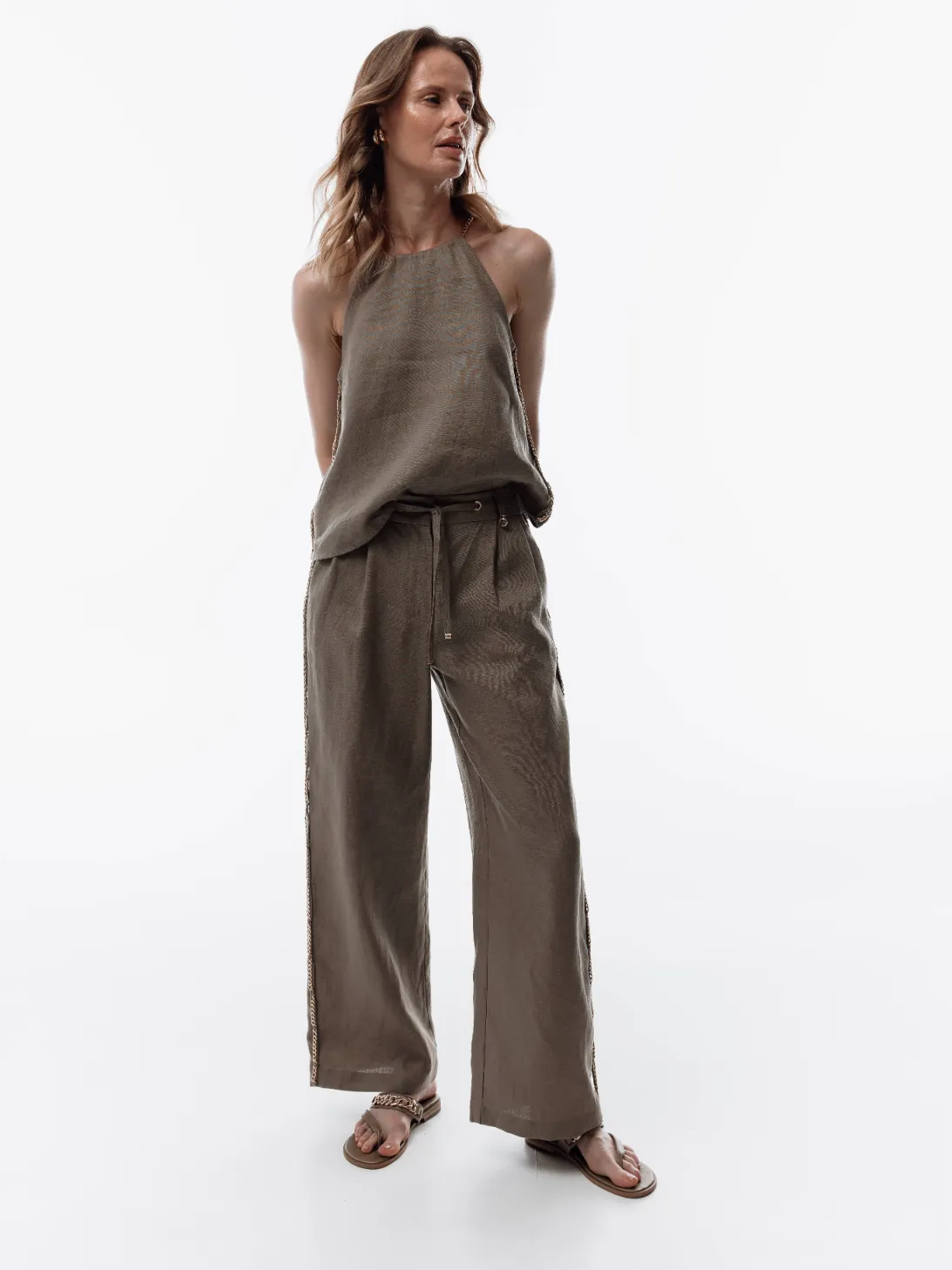 Льняний топ вільного крою бежевий 4